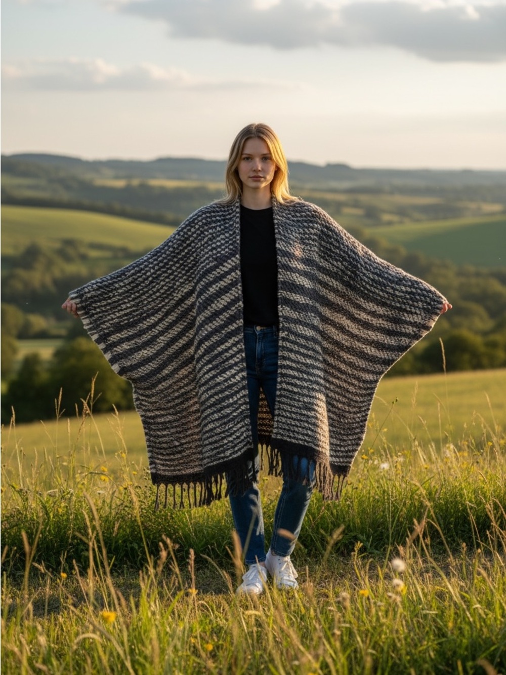 Vince Camuto Navy white & metallic thread Striped Fringe Poncho